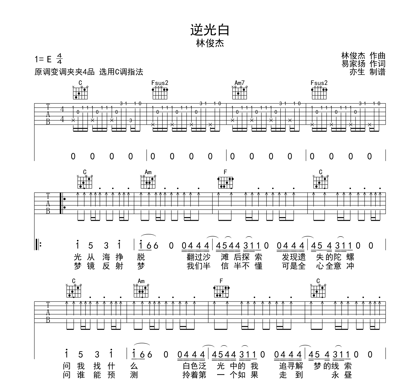 孙燕姿《逆光》吉他谱-虫虫吉他:www.ccguitar.cn