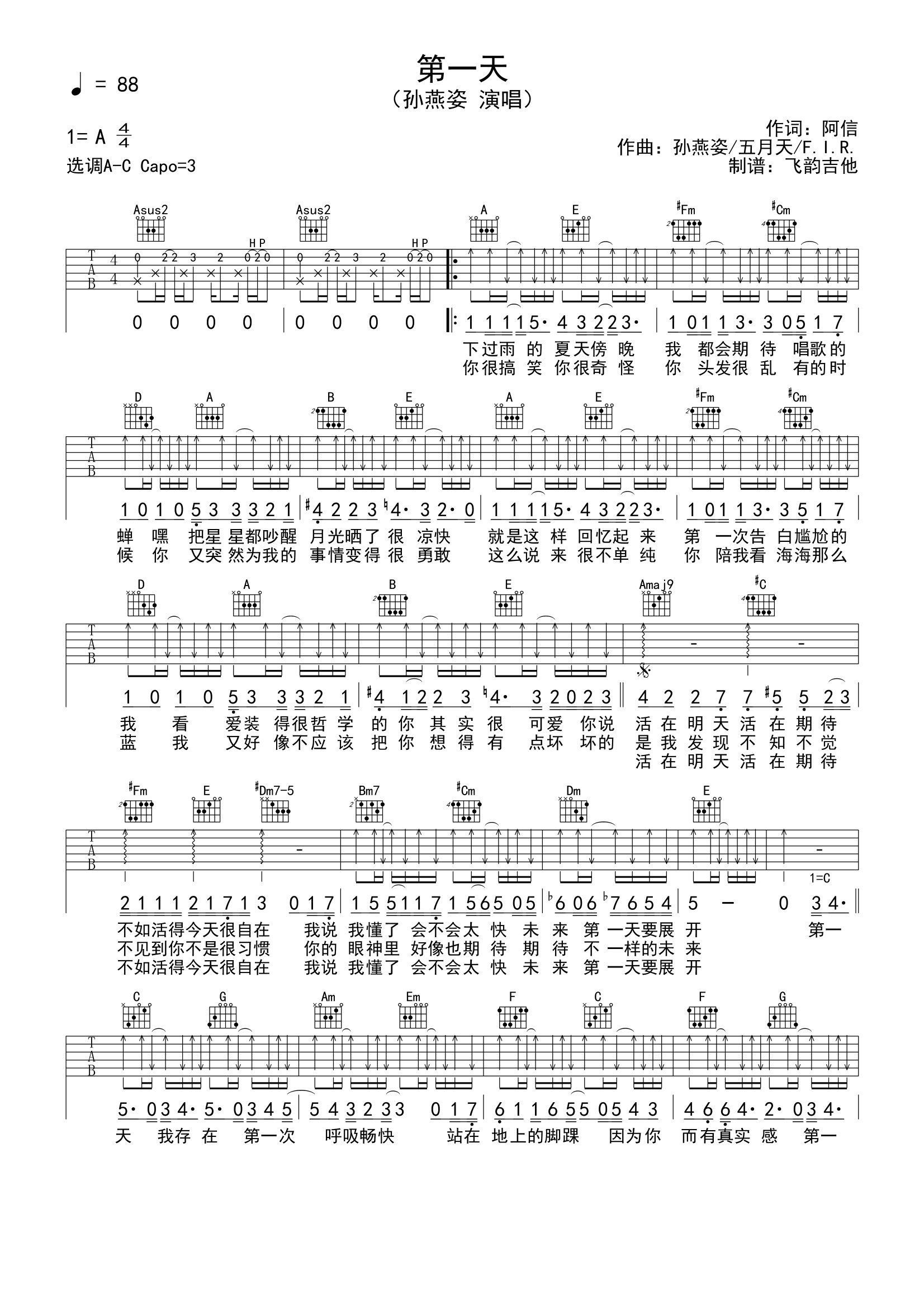 孙燕姿《第一天》吉他谱(C调)-Guitar Music Score - GTP吉他谱