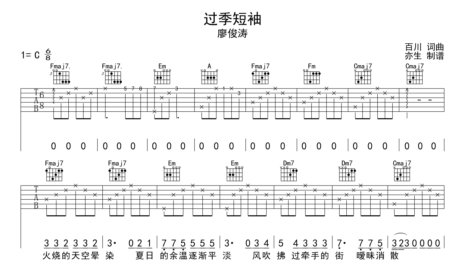 廖俊涛《 猫是一种距离单位吉他谱》C调-酷乐谱