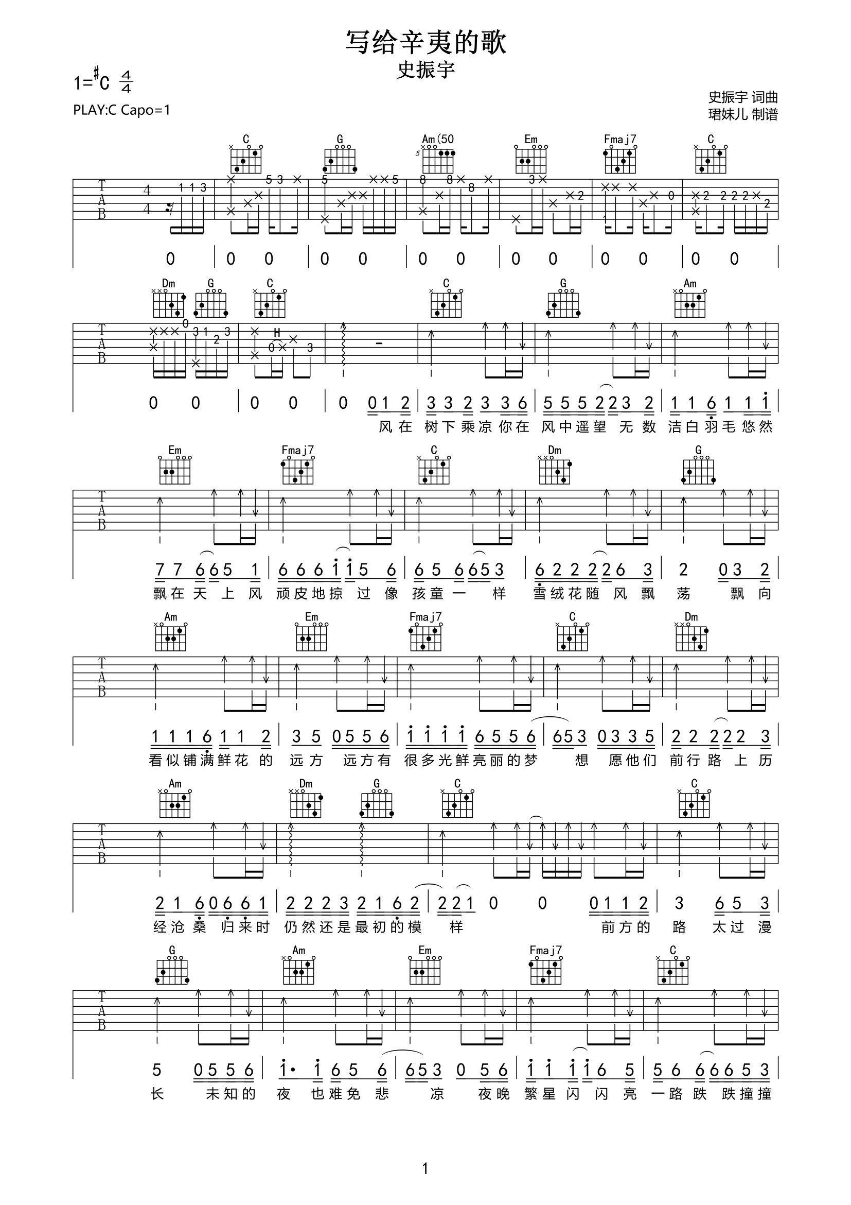 写给辛夷的歌吉他谱-史振宇-C调原版六线谱